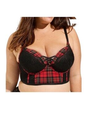 Torrid 44D XO Plunge lattice push up corset plaid check bra BC 2944
